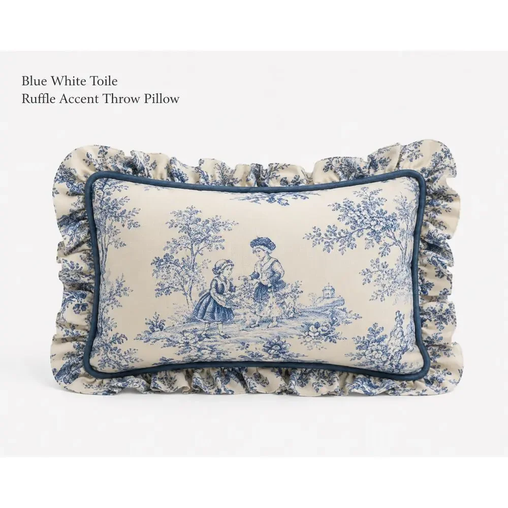 Blue White Toile Ruffle Accent Throw Pillow Cottagecore Decor
